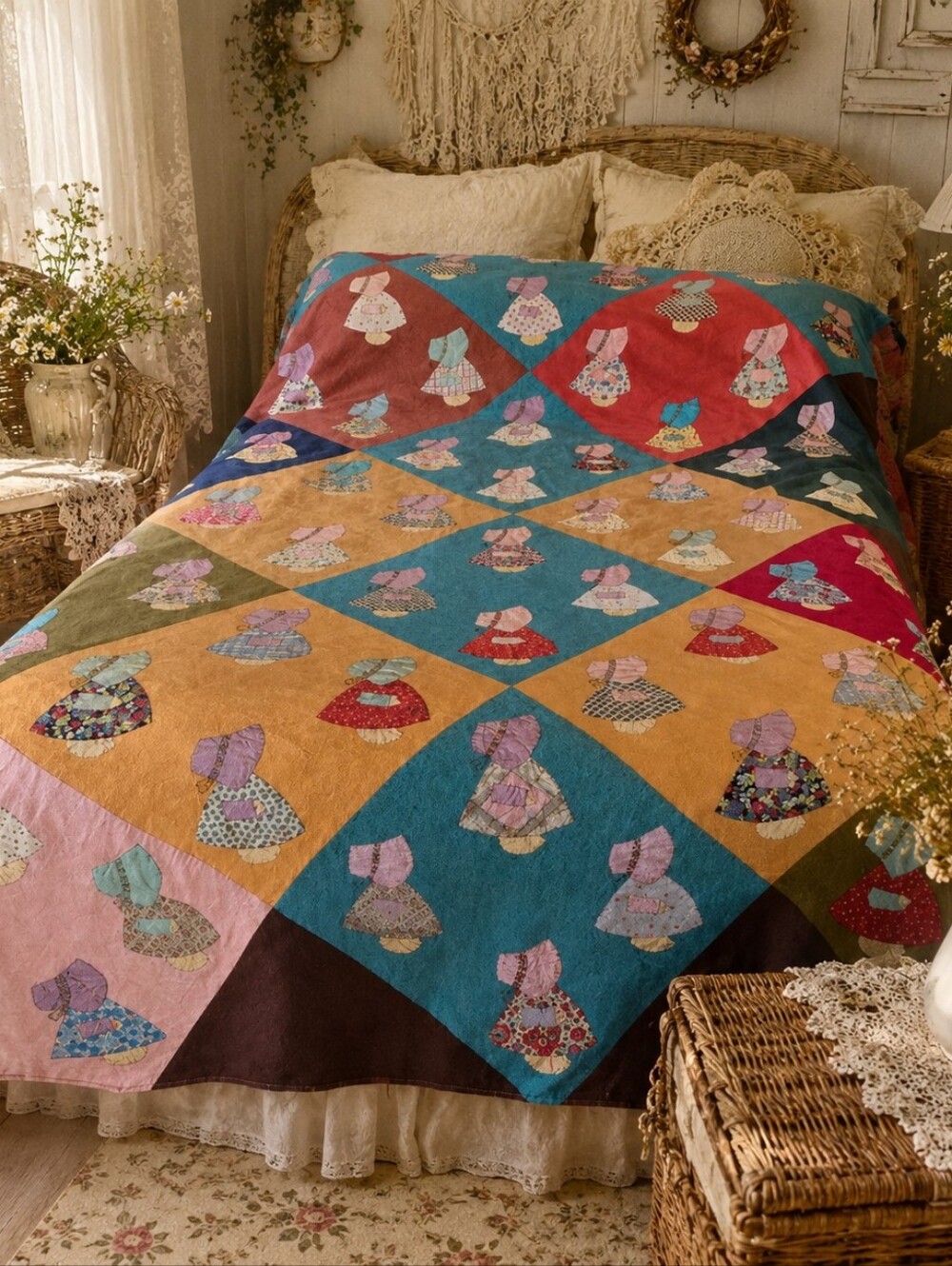 Vintage Handmade Sunbonnet Sue Quilt Queen Handmade Cotton Hand Appliqué 89x94